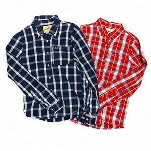 Men's Plaid Button-Down Shirt - Navy and Red 2 Pair Bundle Lot Size Medium M